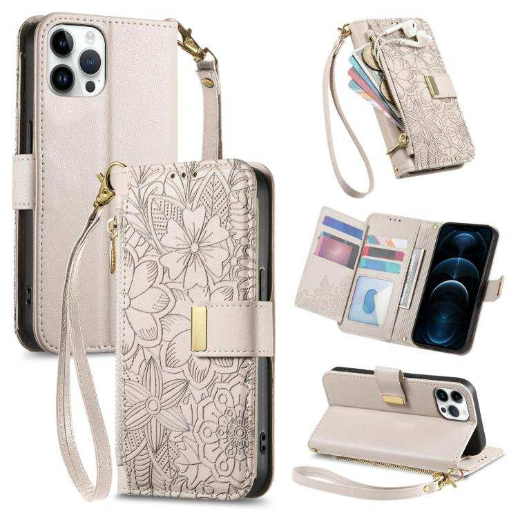 Flowers Leaves Zipper Wallet Leather Phone Case with Strap