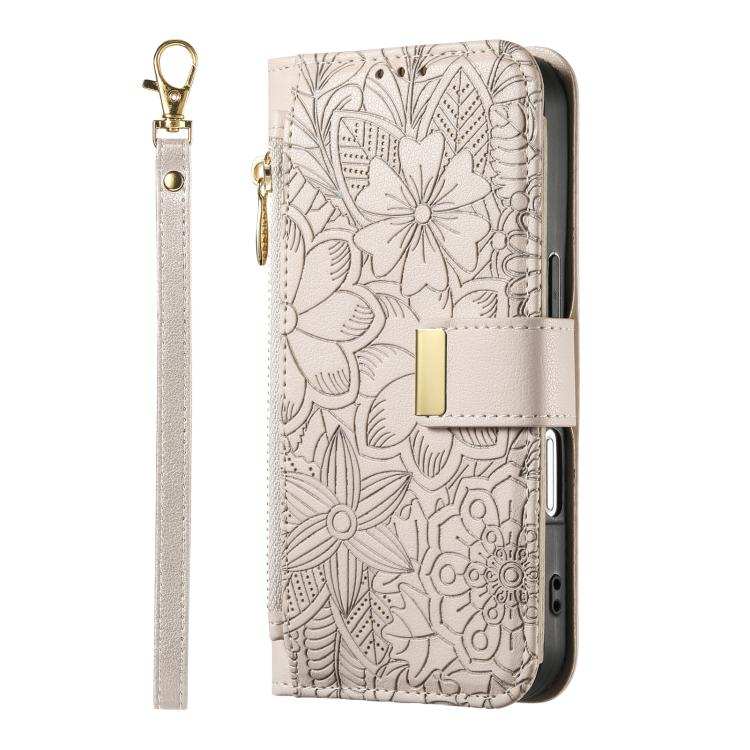 Flowers Leaves Zipper Wallet Leather Phone Case with Strap