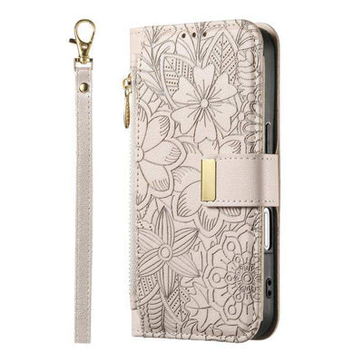 Flowers Leaves Zipper Wallet Leather Phone Case with Strap