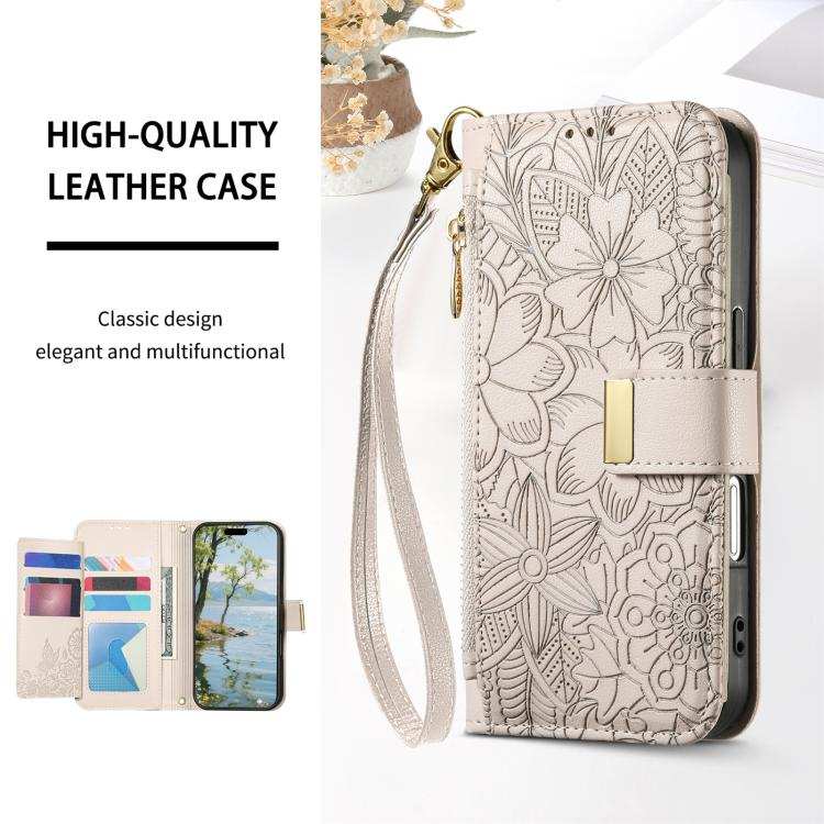Flowers Leaves Zipper Wallet Leather Phone Case with Strap