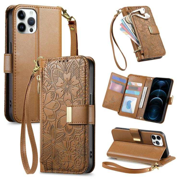 Flowers Leaves Zipper Wallet Leather Phone Case with Strap