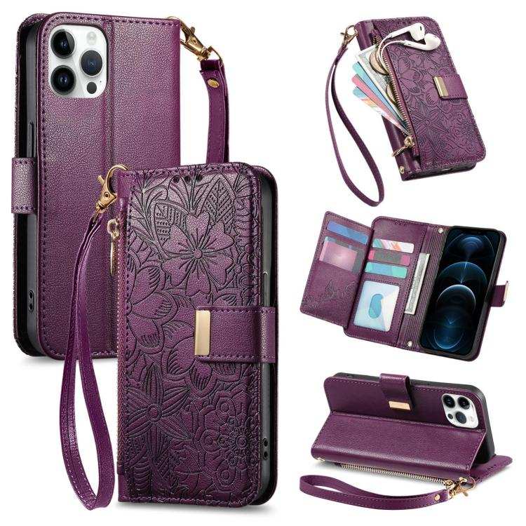 Flowers Leaves Zipper Wallet Leather Phone Case with Strap