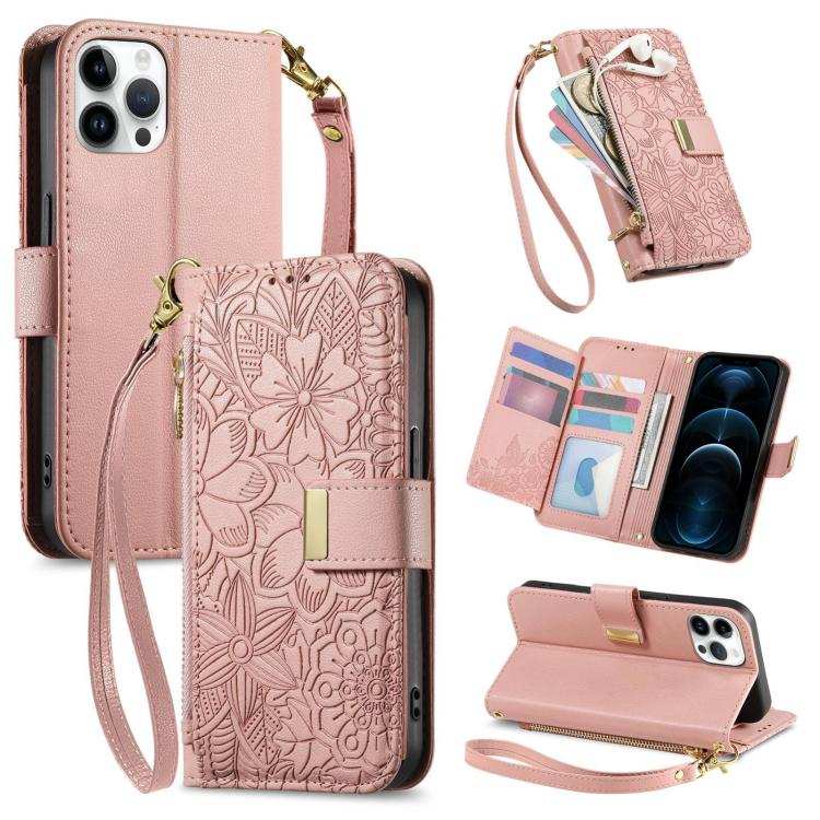 Flowers Leaves Zipper Wallet Leather Phone Case with Strap