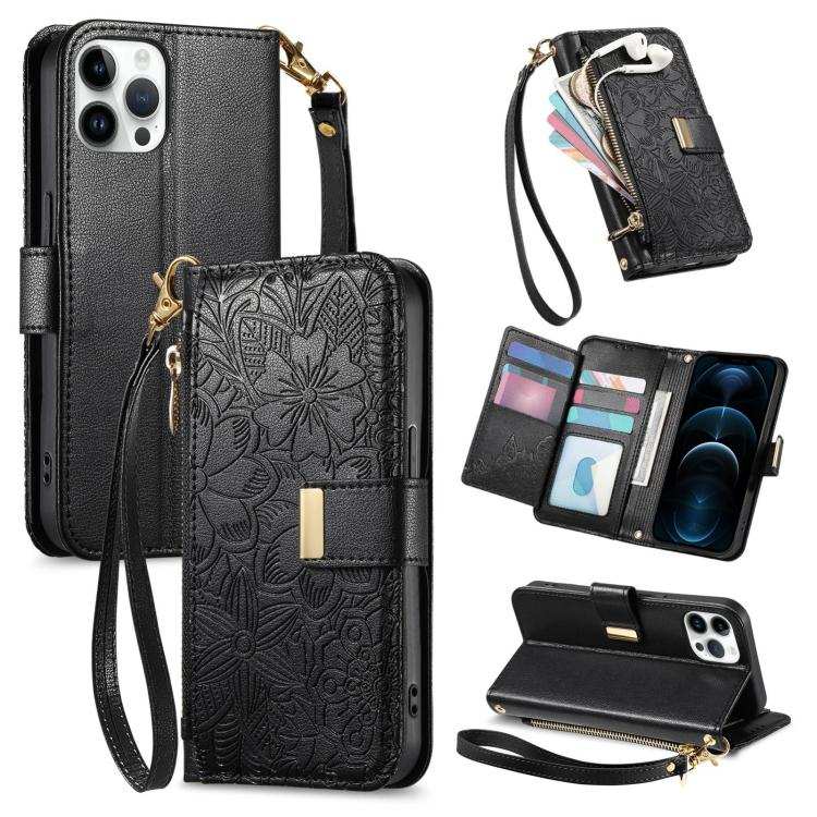 Flowers Leaves Zipper Wallet Leather Phone Case with Strap