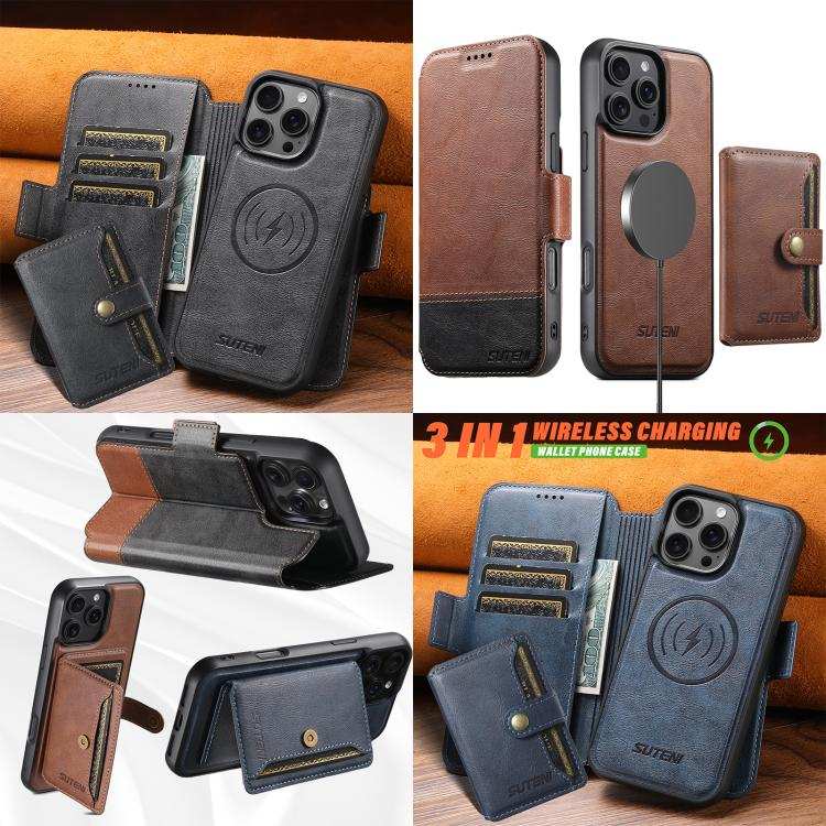 Suteni Q06S1 3-in-1 Splicing Detachable Wallet MagSafe Leather Phone Case