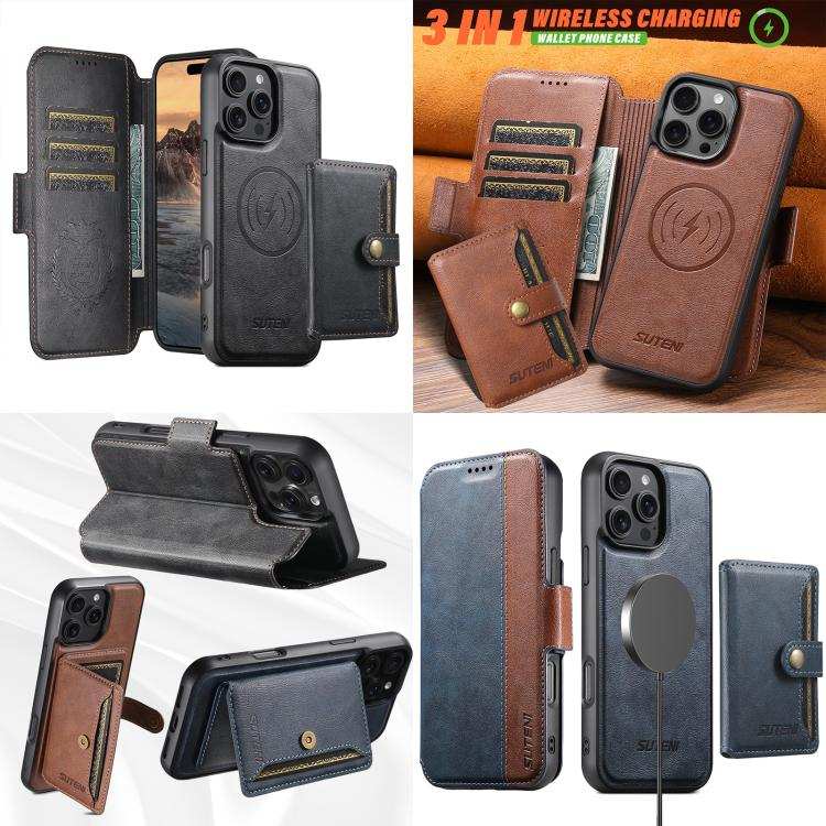 Suteni Q07S1 3-in-1 Detachable Wallet MagSafe Splicing Leather Phone Case