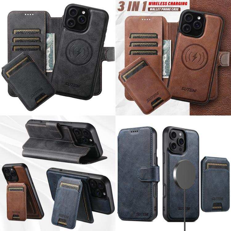 Suteni Q05S2 3-in-1 Detachable Vertical Flip Wallet MagSafe Leather Phone Case