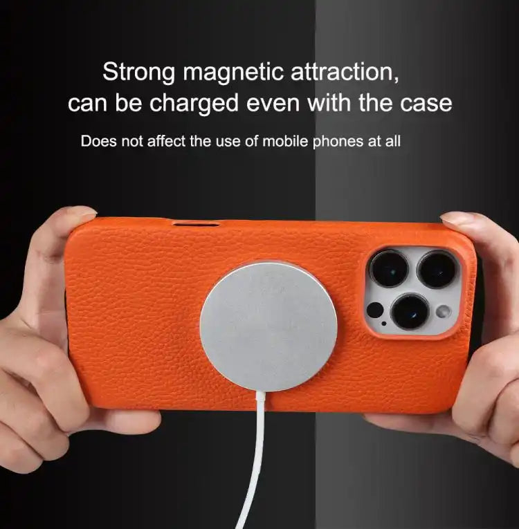 Litchi Texture Genuine Leather MagSafe Back Phone Case