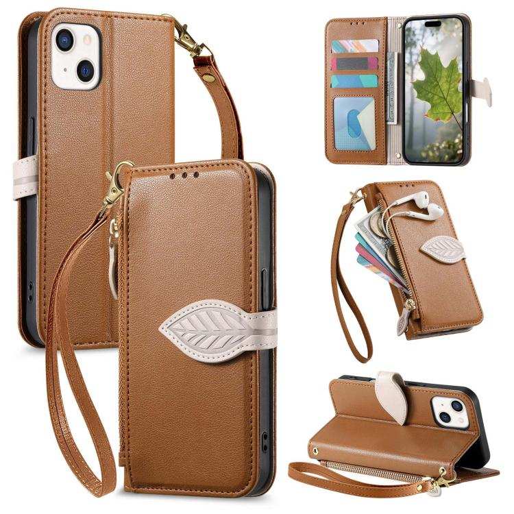 Leaf Buckle Zipper Wallet Leather Phone Case with Strap