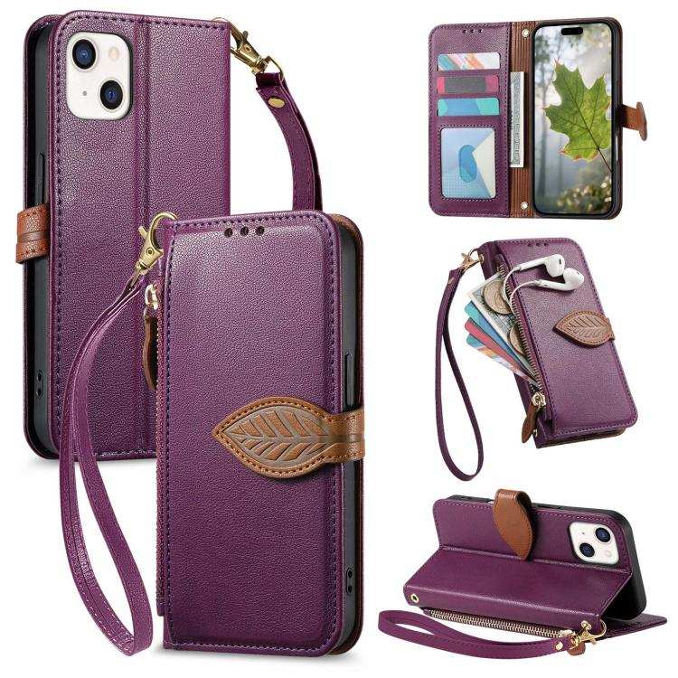 Leaf Buckle Zipper Wallet Leather Phone Case with Strap