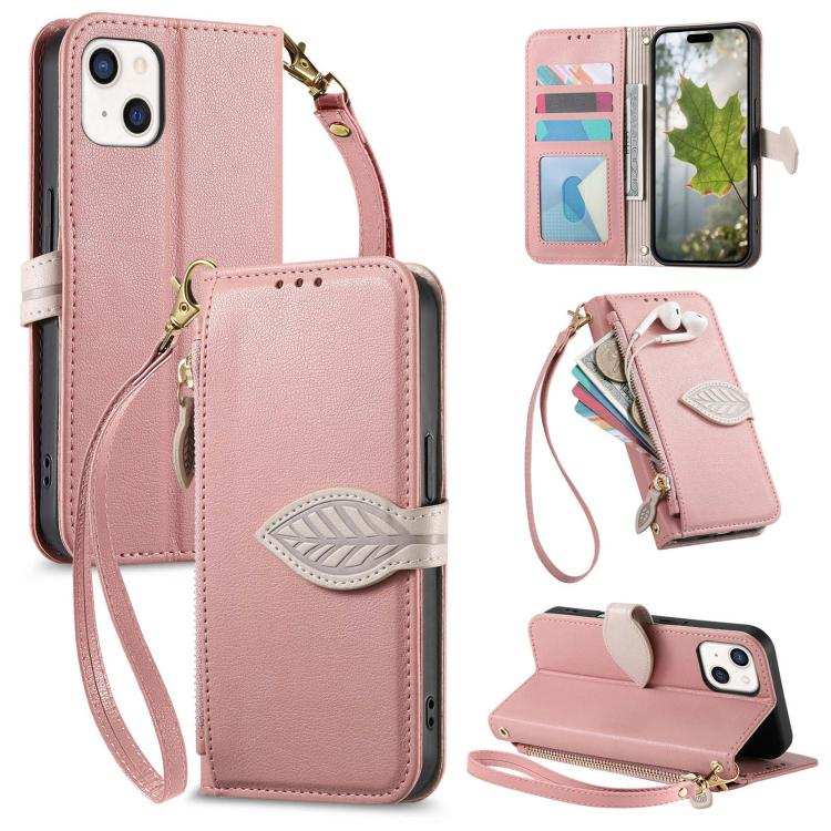 Leaf Buckle Zipper Wallet Leather Phone Case with Strap