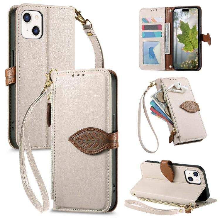 Leaf Buckle Zipper Wallet Leather Phone Case with Strap