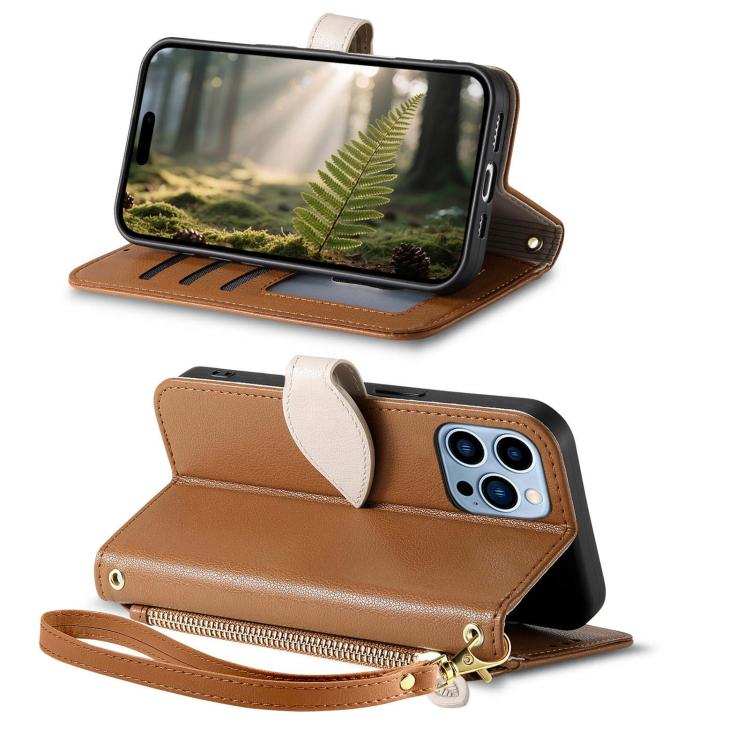 Leaf Buckle Zipper Wallet Leather Phone Case with Strap