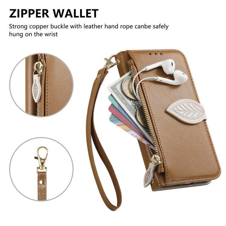 Leaf Buckle Zipper Wallet Leather Phone Case with Strap
