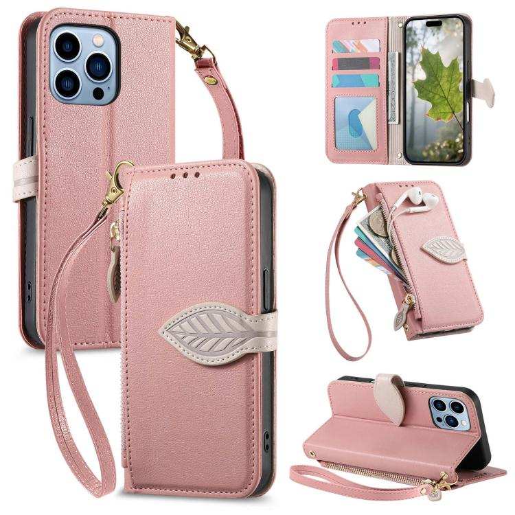 Leaf Buckle Zipper Wallet Leather Phone Case with Strap