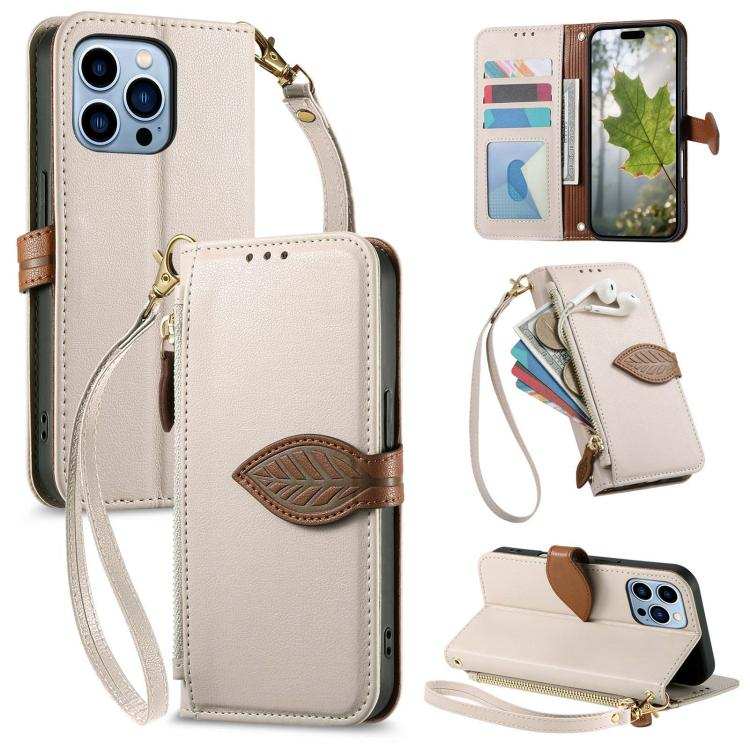 Leaf Buckle Zipper Wallet Leather Phone Case with Strap