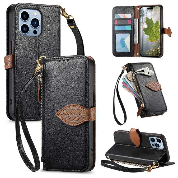 Leaf Buckle Zipper Wallet Leather Phone Case with Strap