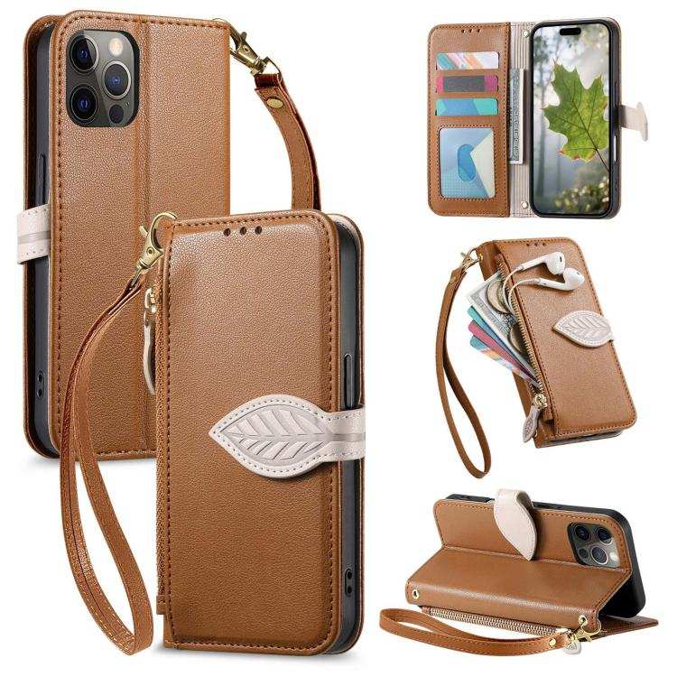 Leaf Buckle Zipper Wallet Leather Phone Case with Strap
