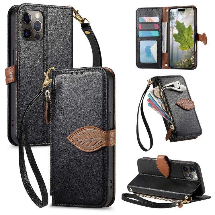 Leaf Buckle Zipper Wallet Leather Phone Case with Strap