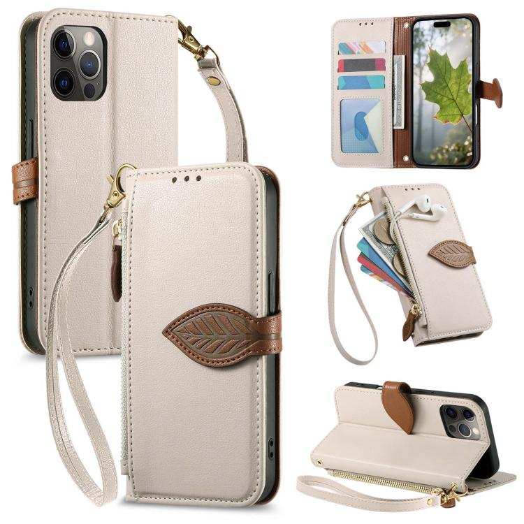 Leaf Buckle Zipper Wallet Leather Phone Case with Strap