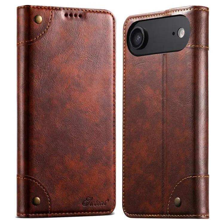 Suteni Baroque Calf Texture Buckle Wallet Leather Phone Case Suteni