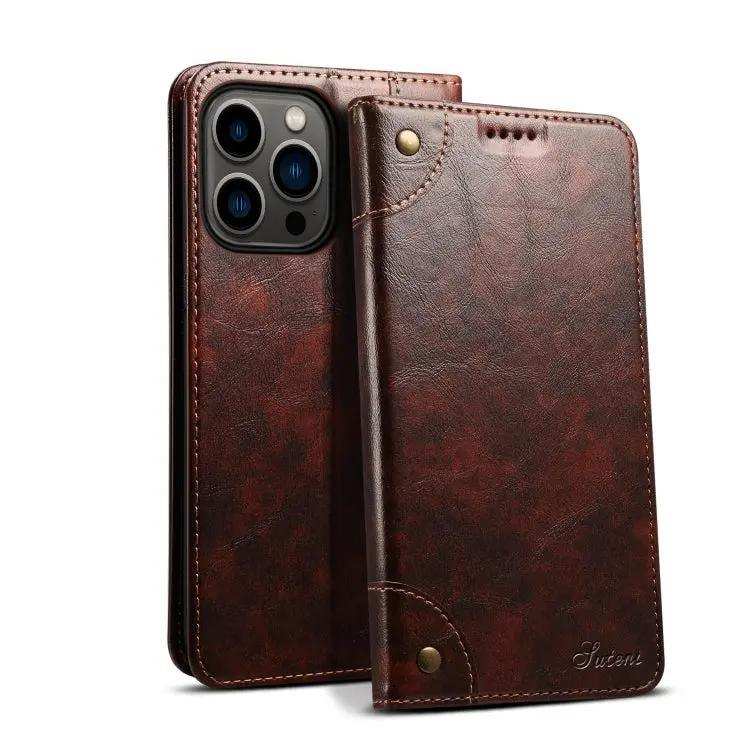 Suteni Baroque Calf Texture Buckle Wallet Leather Phone Case Suteni