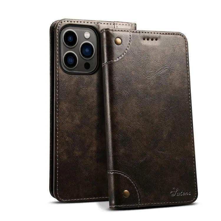 Suteni Baroque Calf Texture Buckle Wallet Leather Phone Case Suteni