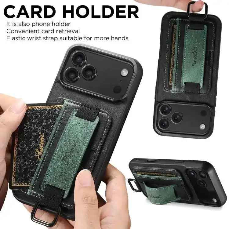 Suteni H13 Card Wallet Wrist Strap Holder PU Phone Case