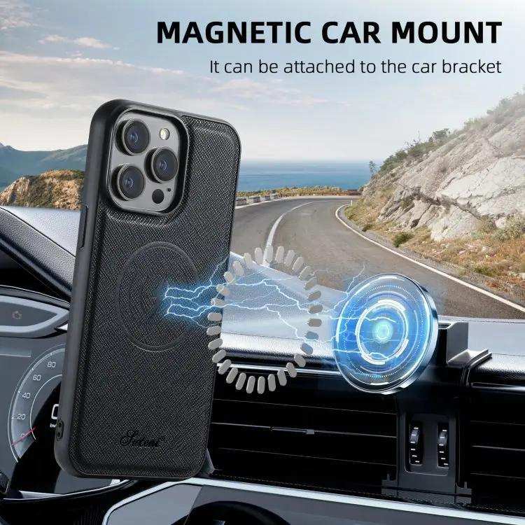 Suteni H18 Cross Grain MagSafe Wallet Leather Phone Case Suteni