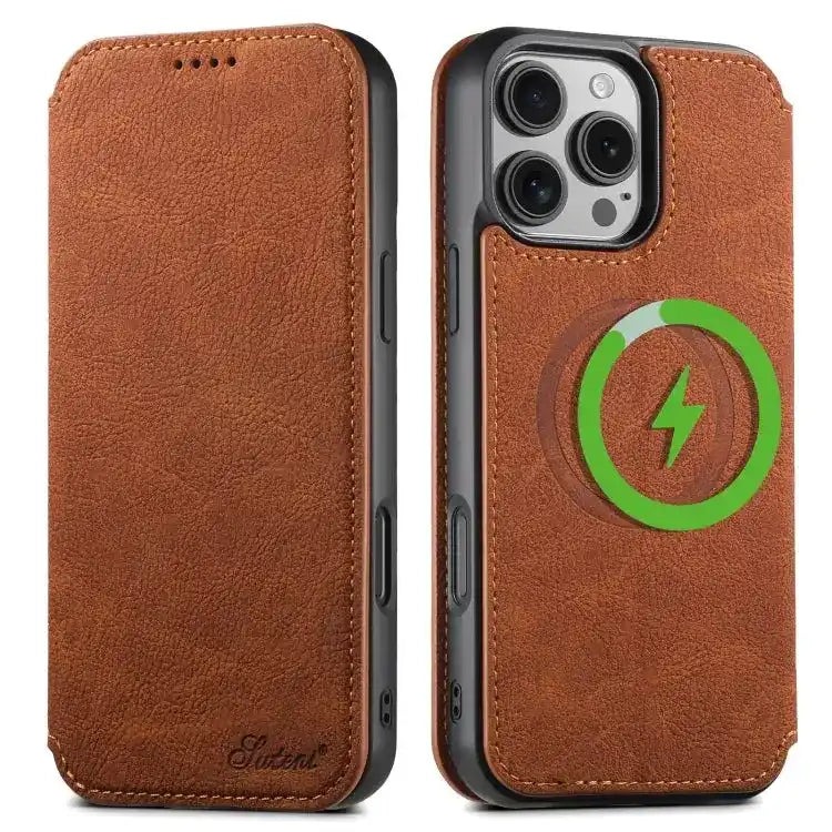 Suteni J06 Retro Matte Litchi Texture Leather MagSafe Phone Case Suteni