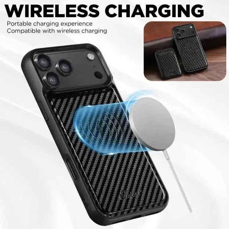 Suteni TXWH18 Carbon Fiber Texture Detachable Wallet MagSafe Phone Case