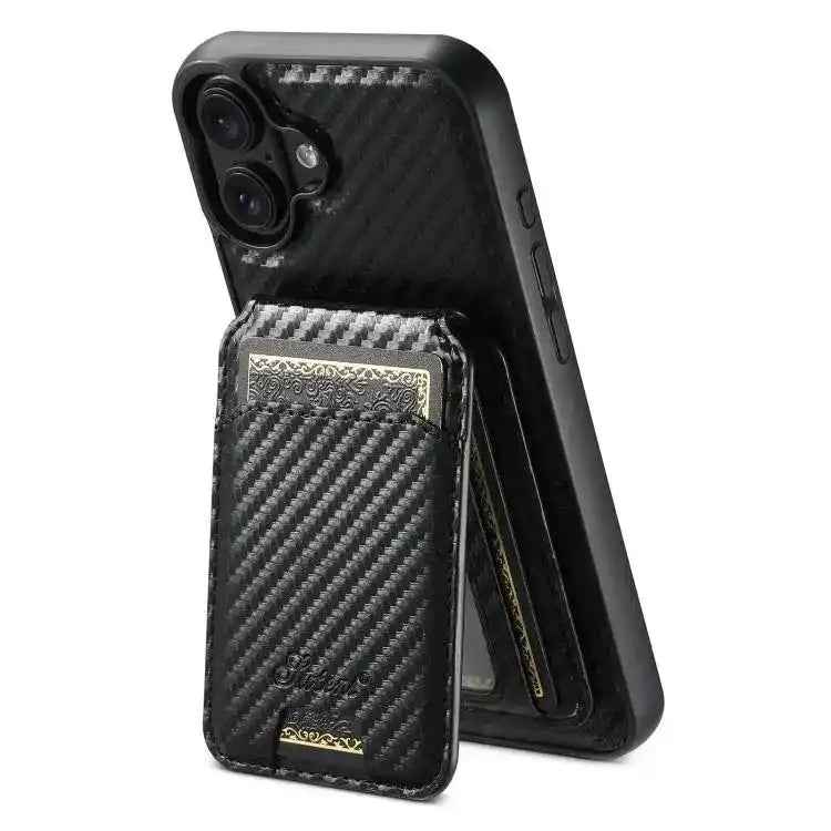 Suteni TXWH18 Carbon Fiber Texture Detachable Wallet MagSafe Phone Case