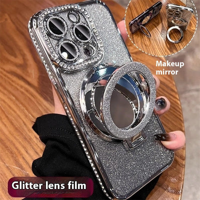 Makeup Mirror Bracket Phone Case Glitter Protective Cover For iPhone 15