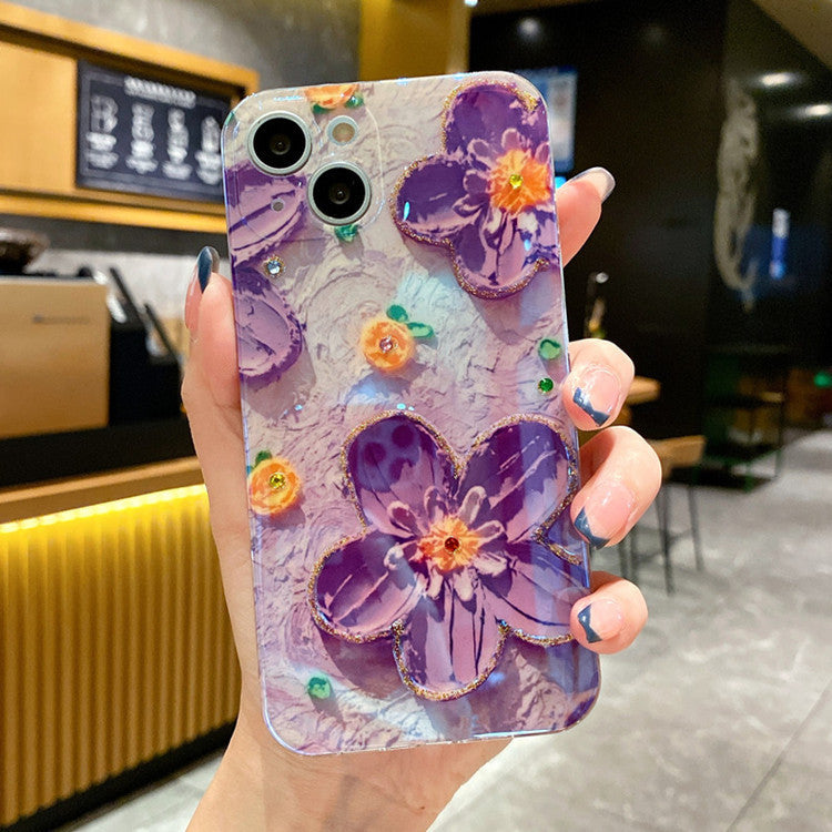 Mobile Phone Case Oil Painting Flower Blue Light Inlaid With Diamond Drop Glue Soft For iPhone 14