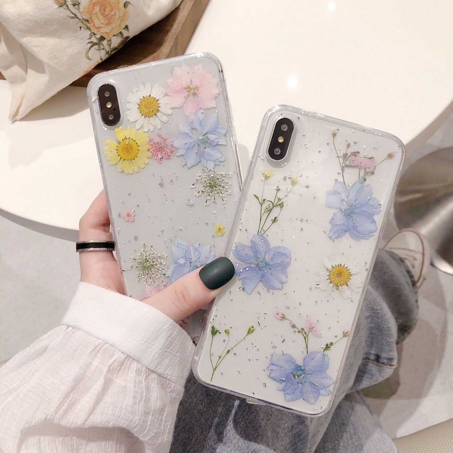 Fashion Glitter Real Dry Pressed Flower Phone Case Transparent Silicone Cover For iPhone 14