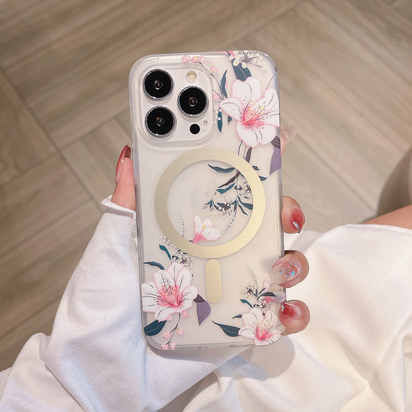 Magnetic Suction Clear Frosted Flower Phone Case For iPhone 14