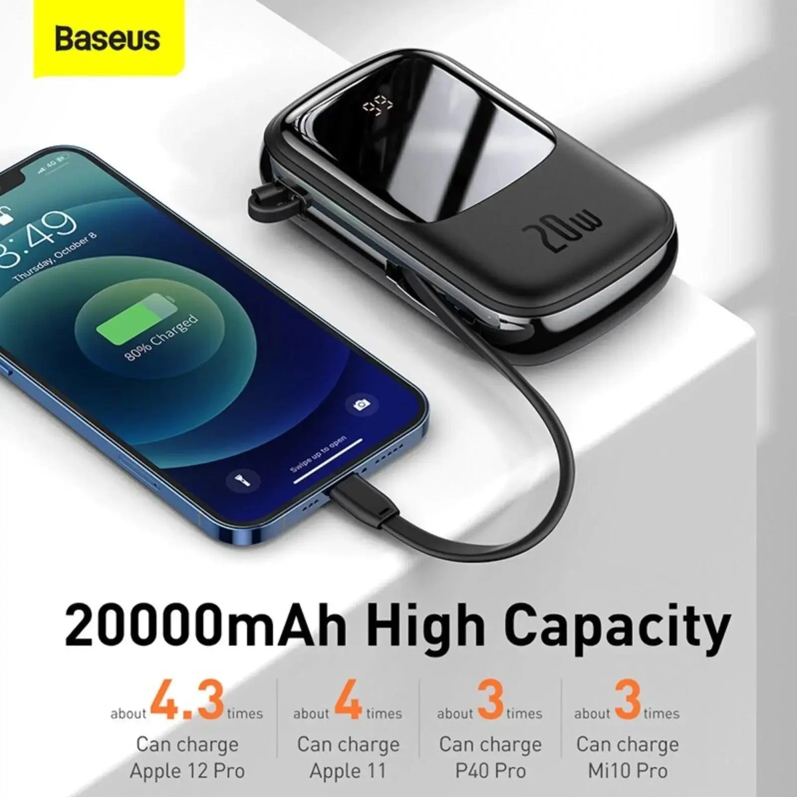 Baseus Qpow Digital Display Power Bank 20000mAh 20W with Lightning Cable (PPQD - H01) - Black - MyMobile