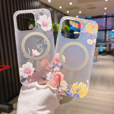 Magnetic Suction Clear Frosted Flower Phone Case For iPhone 14