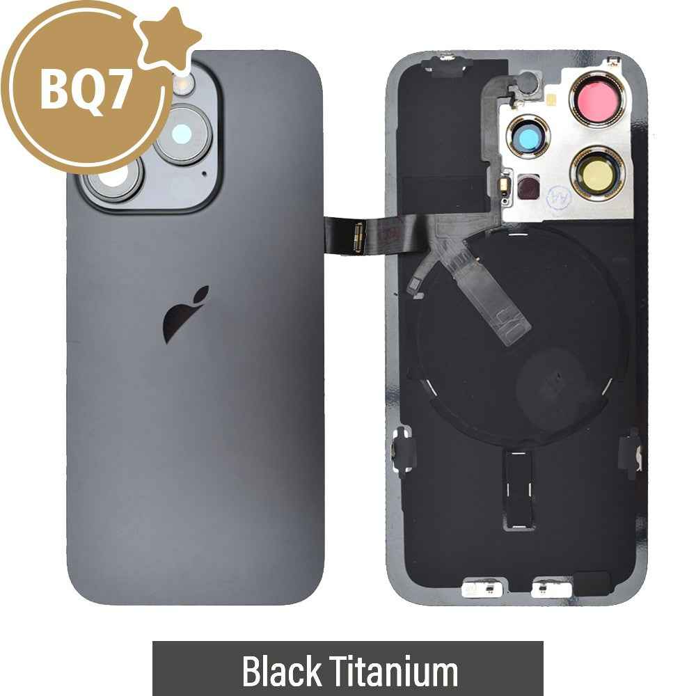 BQ7 Rear Cover Glass with Camera Lens Glass and Wireless NFC Charging with Flash Flex Cable for iPhone 15 Pro-Black Titanium