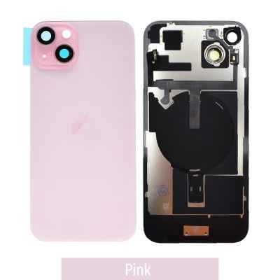 BQ7 Rear Cover Glass with Camera Lens Glass and Wireless NFC Charging with Flash Flex Cable for iPhone 15 Plus-Pink