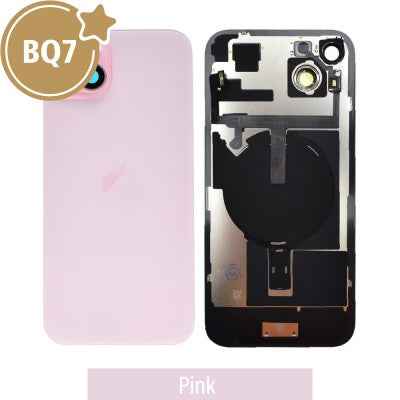 BQ7 Rear Cover Glass with Camera Lens Glass and Wireless NFC Charging with Flash Flex Cable for iPhone 15 Plus-Pink