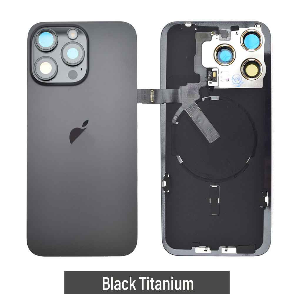 BQ7 Rear Cover Glass with Camera Lens Glass and Wireless NFC Charging with Flash Flex Cable for iPhone 15 Pro Max-Black Titanium