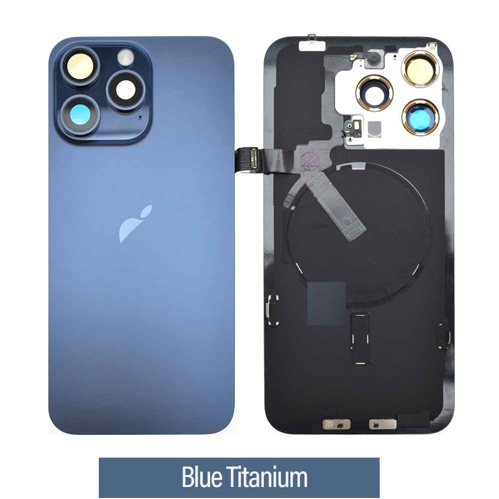 BQ7 Rear Cover Glass with Camera Lens Glass and Wireless NFC Charging with Flash Flex Cable for iPhone 15 Pro Max-Blue Titanium