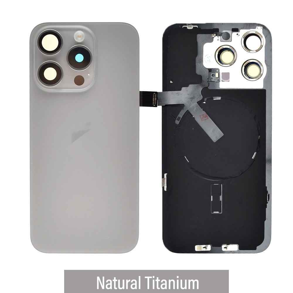 BQ7 Rear Cover Glass with Camera Lens Glass and Wireless NFC Charging with Flash Flex Cable for iPhone 15 Pro Max-Natural Titanium