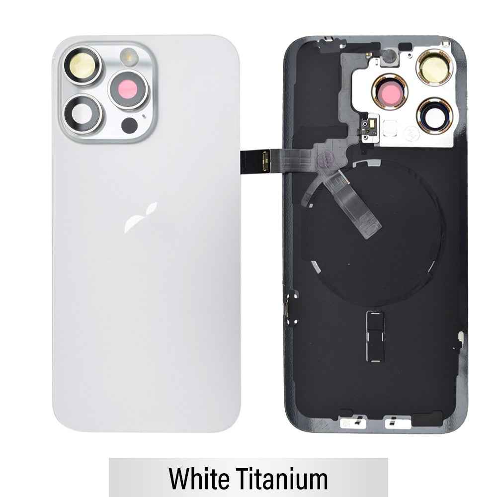 BQ7 Rear Cover Glass with Camera Lens Glass and Wireless NFC Charging with Flash Flex Cable for iPhone 15 Pro Max-White Titanium