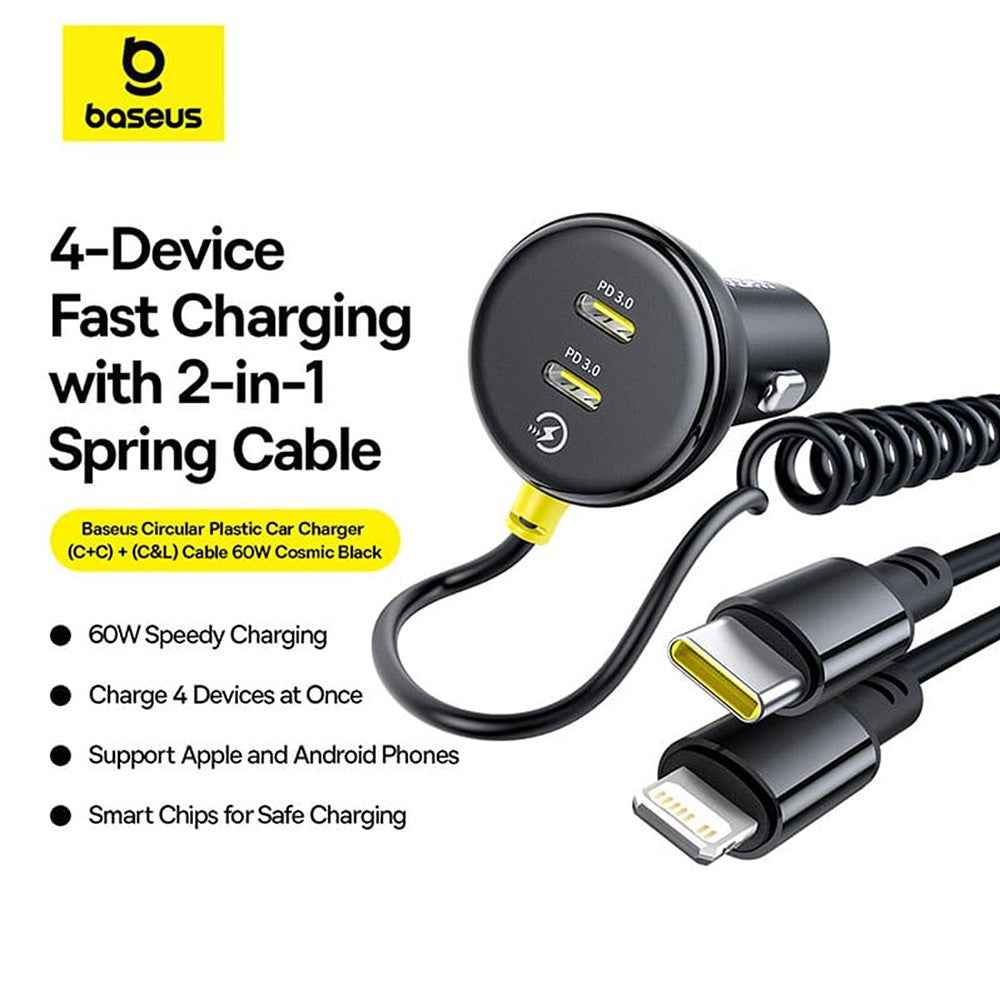 Baseus Circular Plastic Car Charger (C+C) + (C&L) Cable 60W
