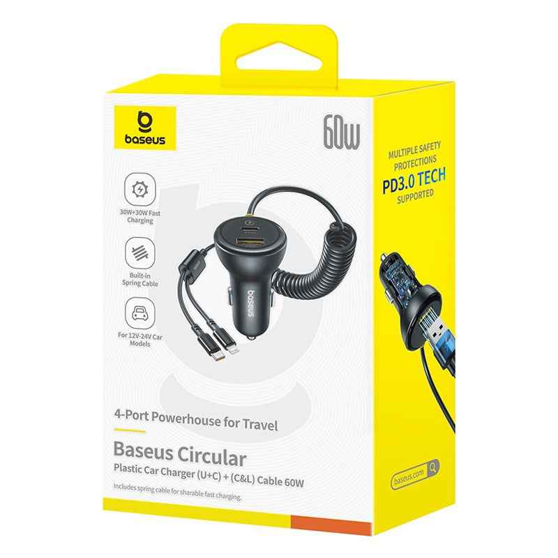 Baseus Circular Plastic Car Charger (U+C) + (C&L) Cable 60W