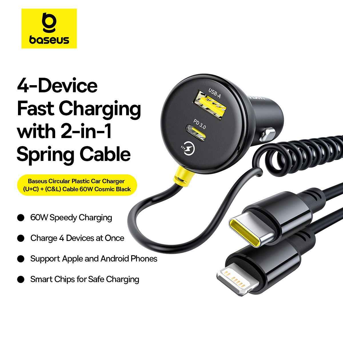 Baseus Circular Plastic Car Charger (U+C) + (C&L) Cable 60W