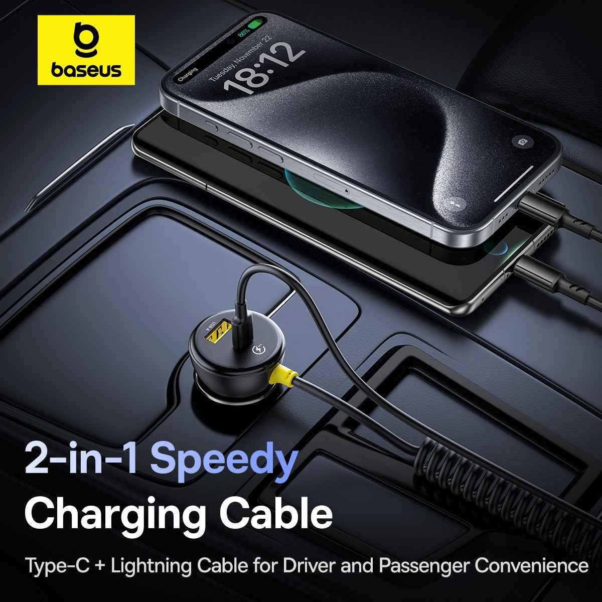 Baseus Circular Plastic Car Charger (U+C) + (C&L) Cable 60W