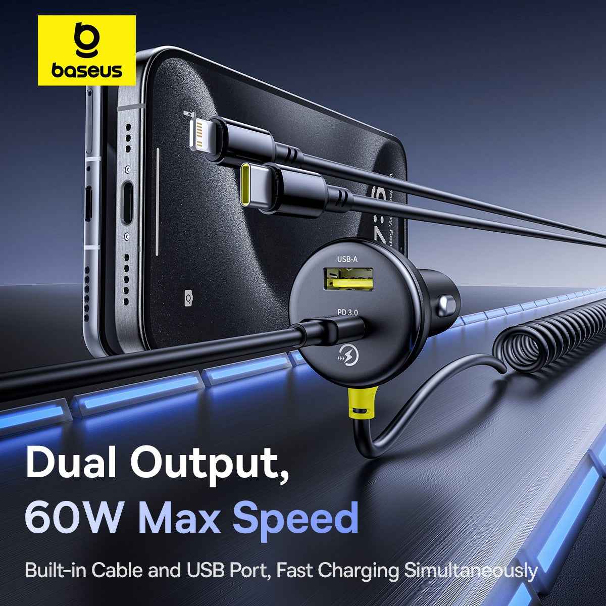 Baseus Circular Plastic Car Charger (U+C) + (C&L) Cable 60W